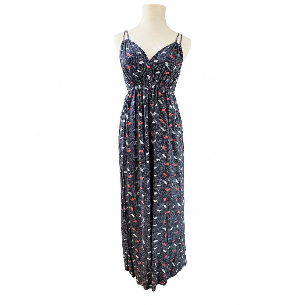 Mello Day Womens Jumpsuit XS Navy Rayon Paper Boat Sleeveless Wide Leg Boho Cute